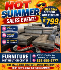 Limited time sale. Ibiza grey sectional with ottoman only $799. Easy finance option. Same-day delivery.