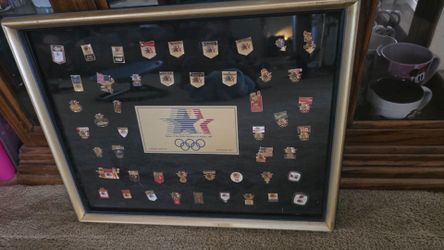 Vtg 1984 LA Olympics Complete Sponsor Pins Collection Frame Sports Memorabilia