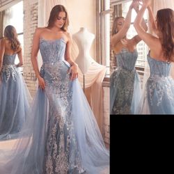 New With Tags Smokey Blue Glitter Detachable Tulle Overskirt Long Formal Dress & Prom Dress $215