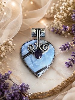 Teardrop Natural Owyhee Opal & Amethyst 2” Gemstone Silver Pendant