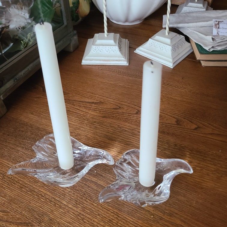 Gorham Crystal Swallow Dove Bird Candle Stick Holders Set 2 Shabbychic Grannycore grandma