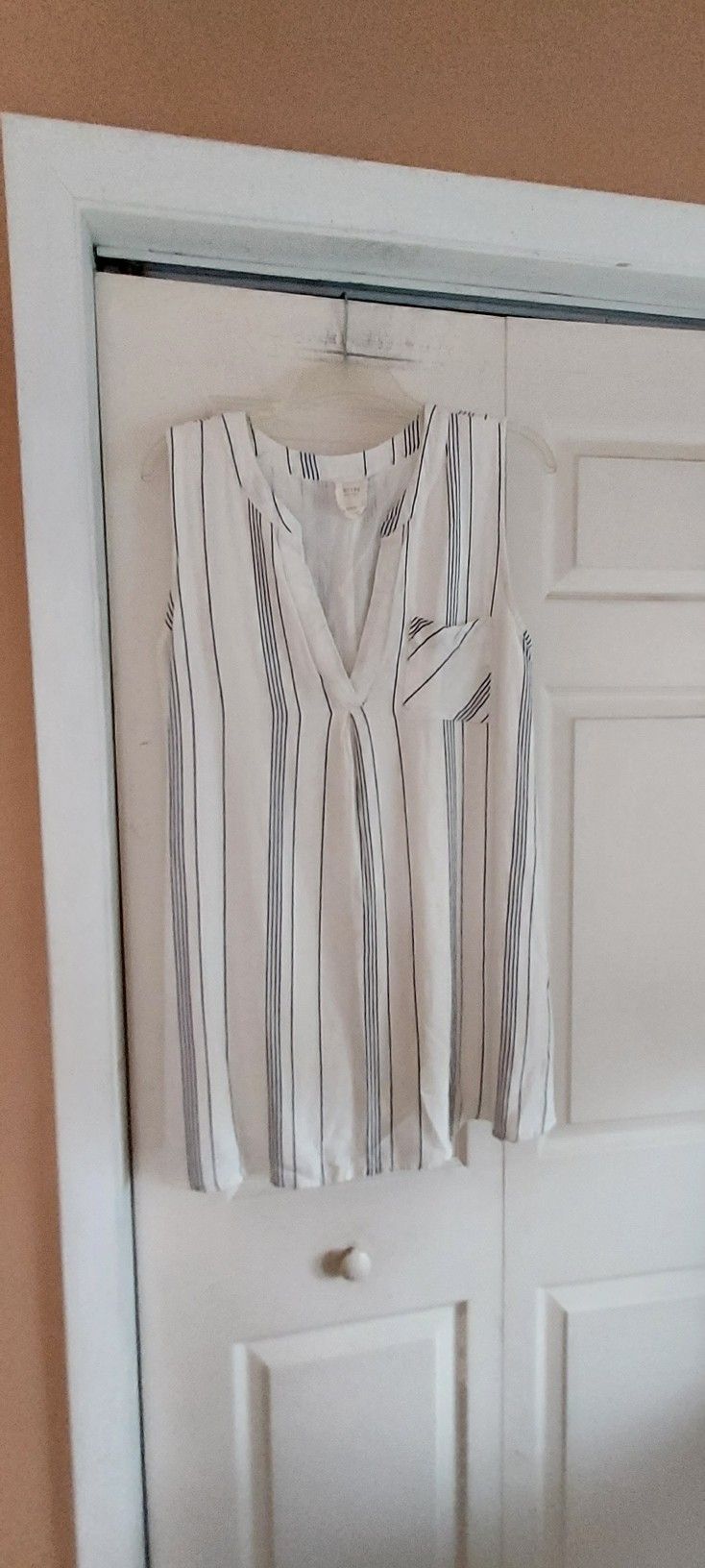 Harper Heritage Womens Med Sleeveless Top White Black Stripes Rayon Linen Beach