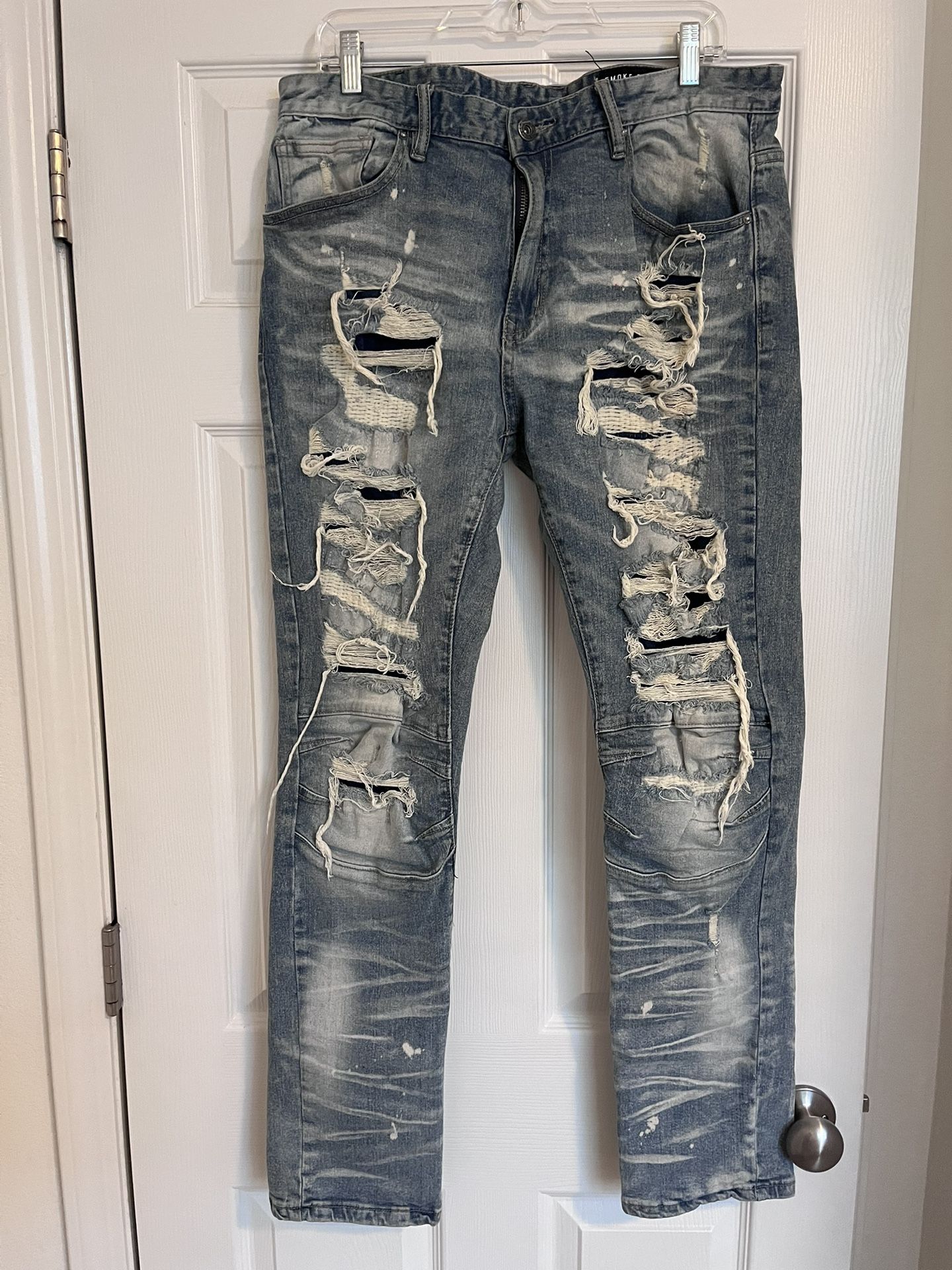 Smoke Rise - Heavy Rip & Repair Fashion Jeans - Chester Blue