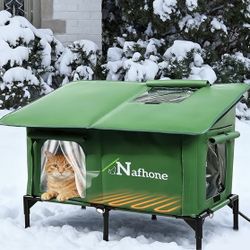 Heated Cat House for Outside Winter, Extra Large Size Insulated Weatherproof Outdoor Elevated Cat House, Cat Shelter with Heating Pad & Escape Door fo