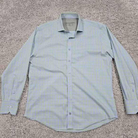 Twillory Shirt Mens 16 32 33 Blue Green Plaid Tailored Fit Performance Office