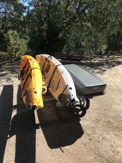 2 Hobie Mirage Revolution Kayaks + Trailer + Yakima SkyBox + Accessories