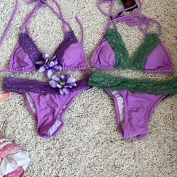 Purple Green Lace Trim Bikini Set scrunch butt small flower triangle top new set the flowers clip on 13” wide waist 