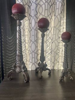 Set of 3 Large Heavy Metal Spiral Candle Holders with Red Ball Candles – 32” Tall