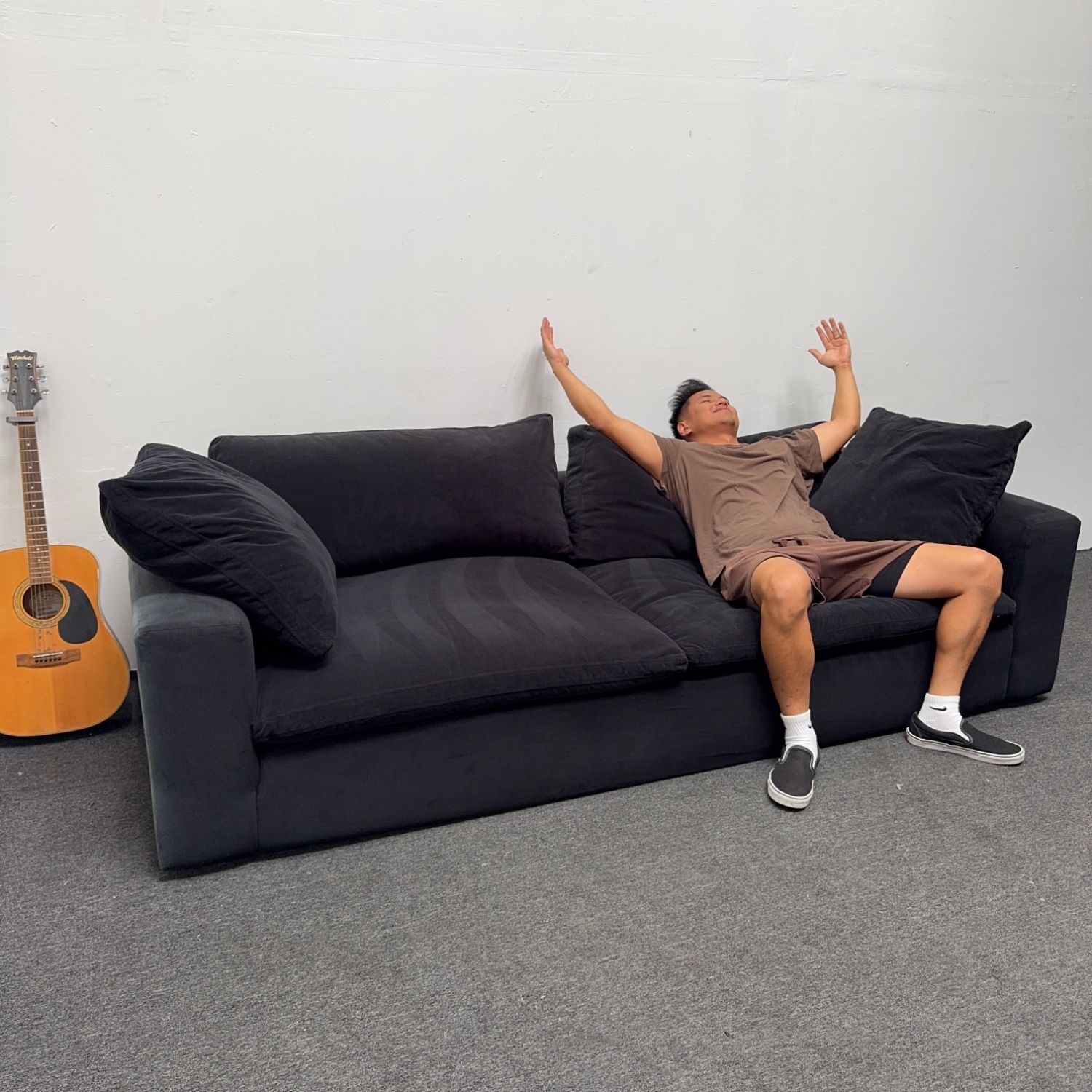 65% OFF Utopia Couch with Black Suede / Velvety Fabric - Can Deliver