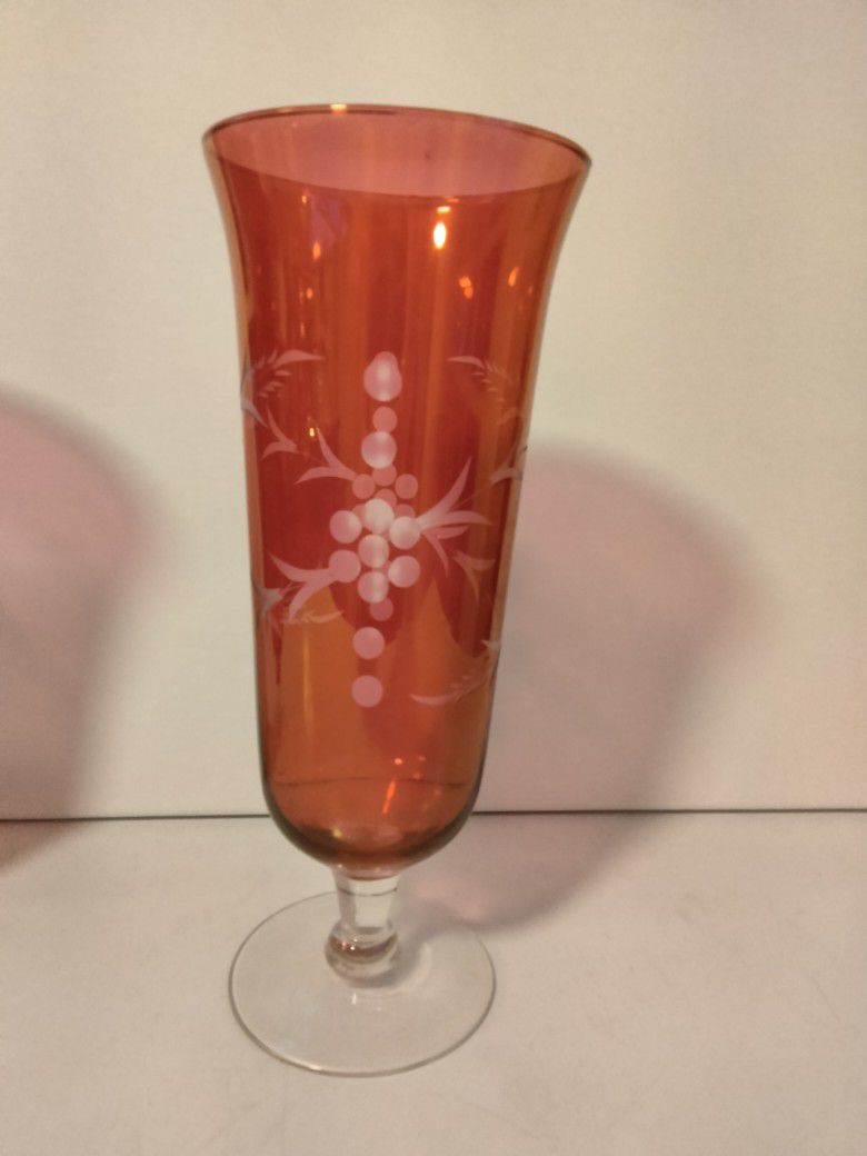Vintage Ruby Etched Glass Vases Set Of Two 