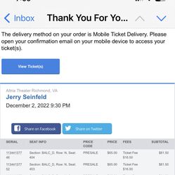 2 Tickets To Sold Out Jerry Seinfeld Show 