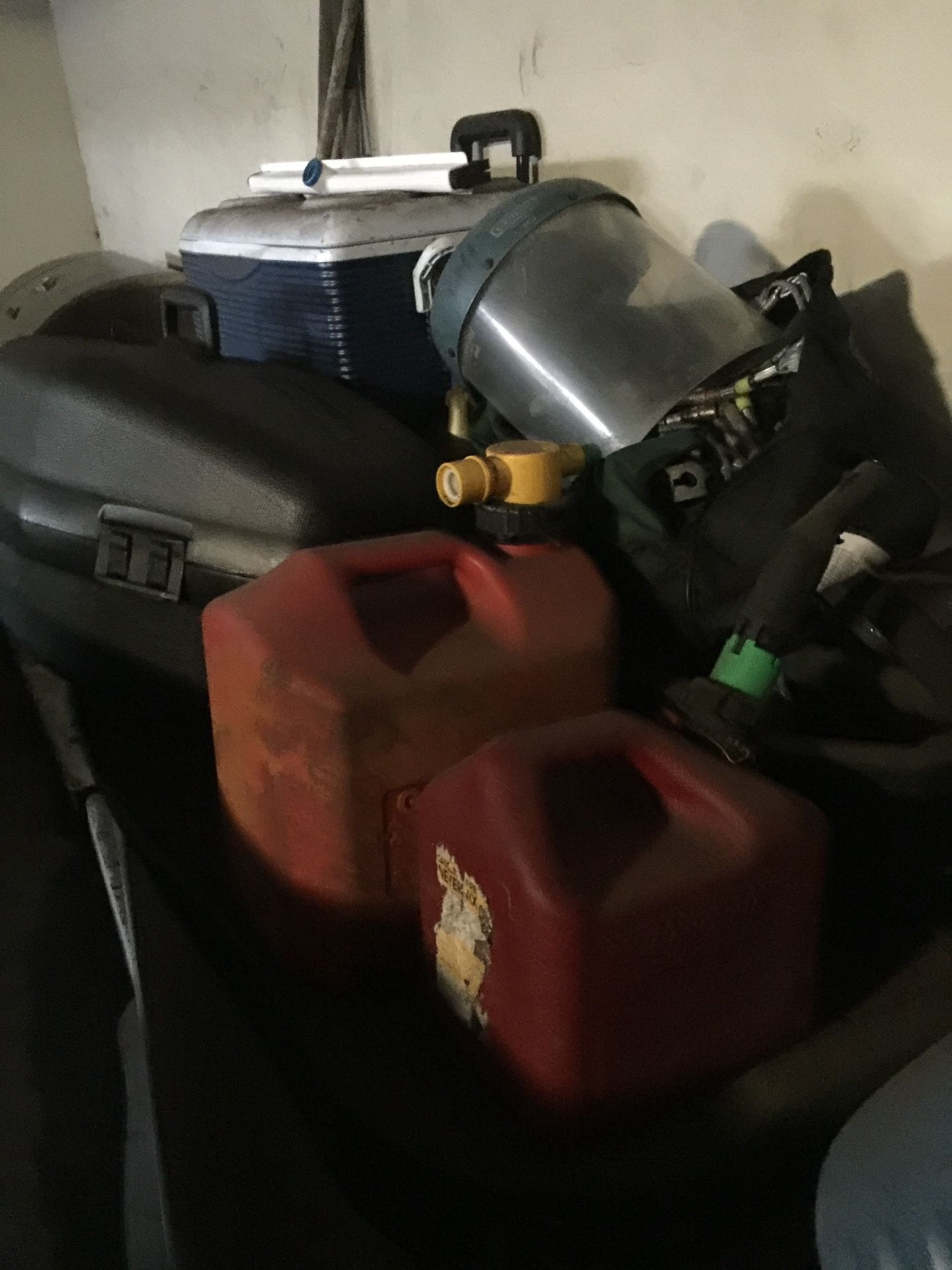 Chainsaw Box, 2 Gasoline Gallons, & 2 coolers