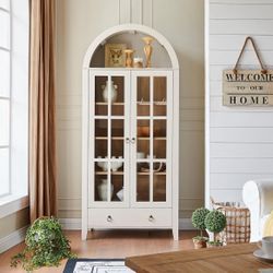 Farmhouse Arched Cabinet with Glass Doors, Wood Display Cabinet with Drawer and Adjustable Shelves, 71” Tall Bookshelf Modern China Storage #B1