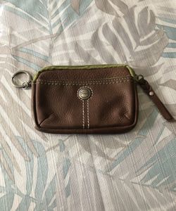 Fossil Brown Leather Small Zip Wallet, Green Trim - 5” X 4”