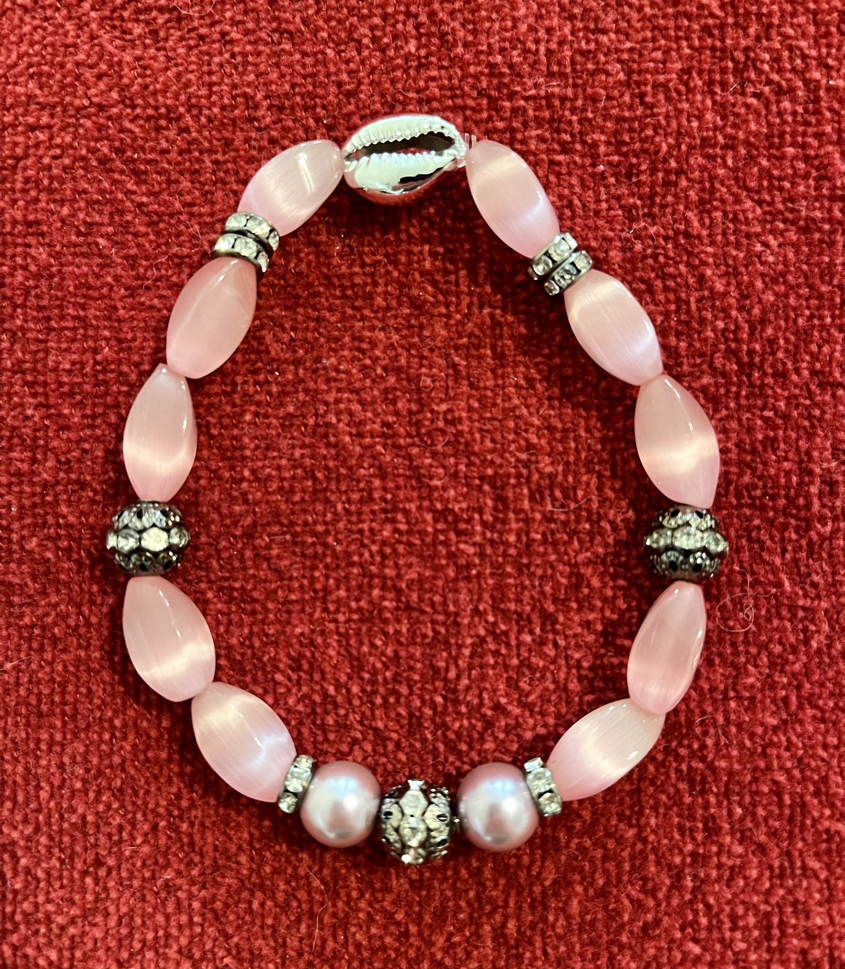 Pink Pearlized Beaded Stretch Anklet Black Crystal Accents Seashell Glass Metal Beads Handmade