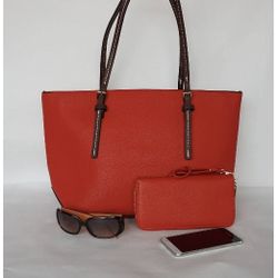 Red Faux Leather/Vegan Tote w/Wristlet Wallet - Set Of Two (2)