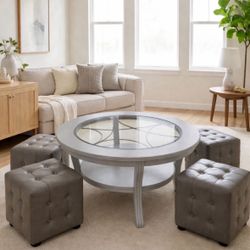 Stylish Glass Coffee Table with 4 Ottomans