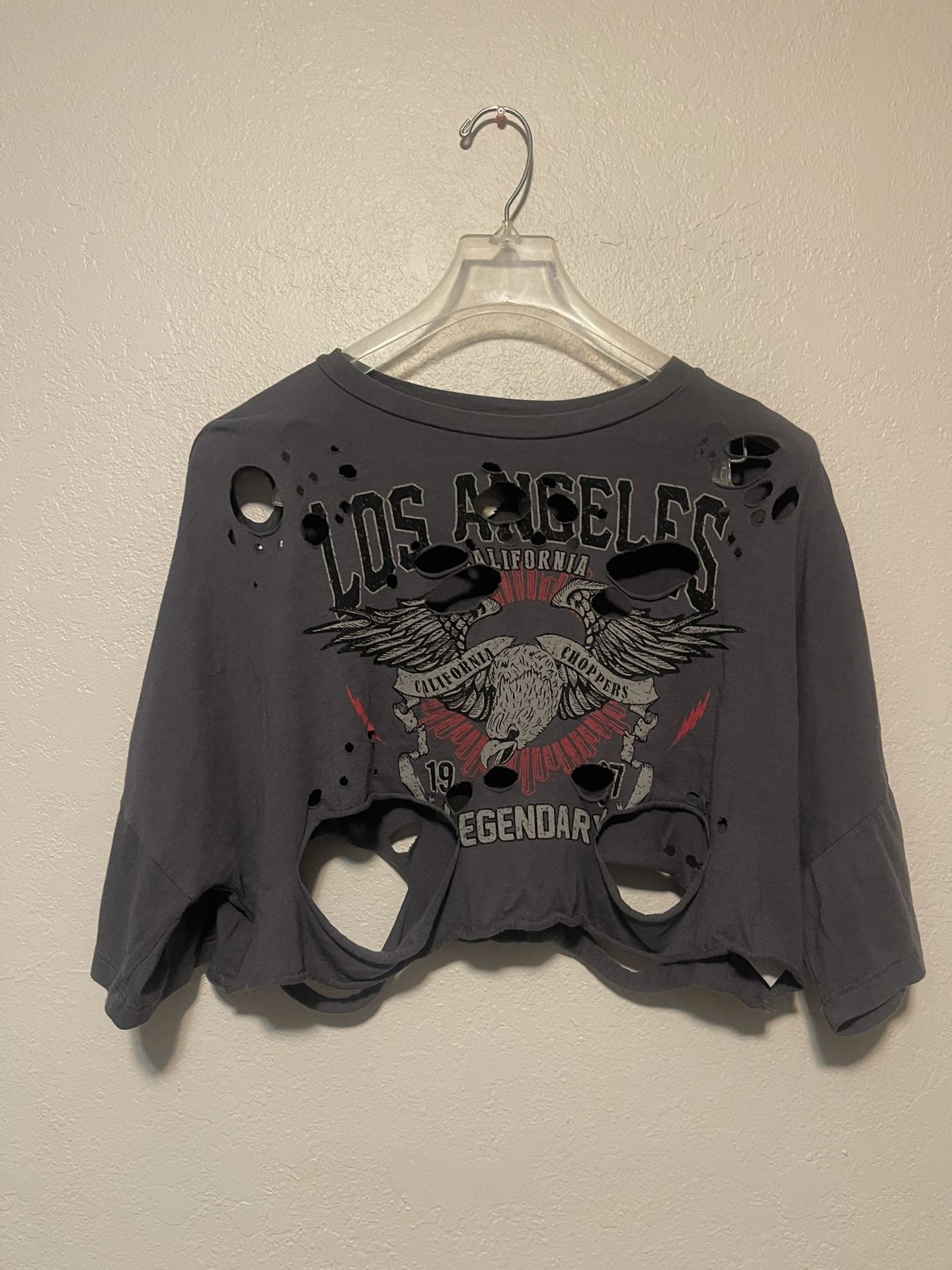 Fashion Nova,  Women’s Charcoal  Distressed CA Choppers Graphic Crop Top, Size L