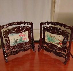 Vintage Chinese Marble Table Screens (Pair) – Heavy Hardwood – 24cm