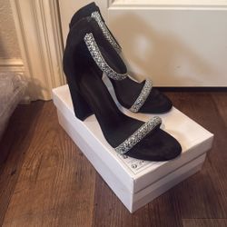 Black Blinged Out Comfortable Thick Heel