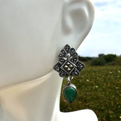 CW STERLING SILVER  MARCASITE  JADE  DANGLING  post EARRINGS