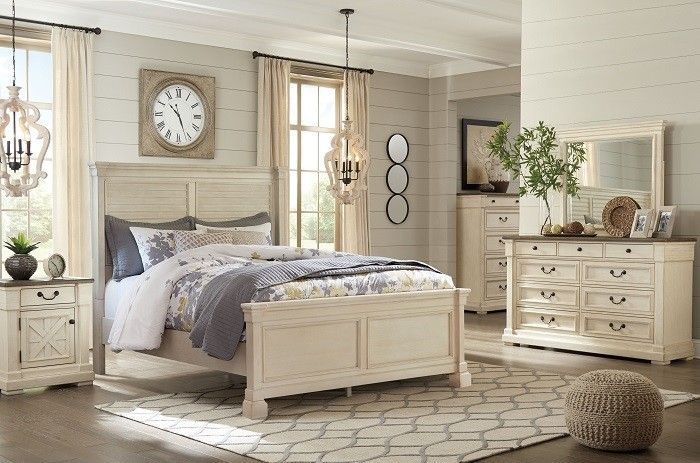 White/Brown-7Pc.Dresser,Mirror,Queen Louvered Bed,2 Nightstands