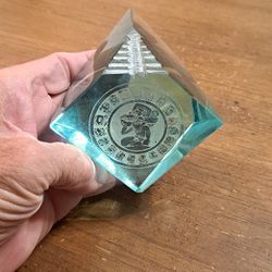 Awesome Etched Aqua Colored Glass Mayan 3D Pyramid Paperweight W/Mayan Calendar 3.25" Tall X 3" Wide 