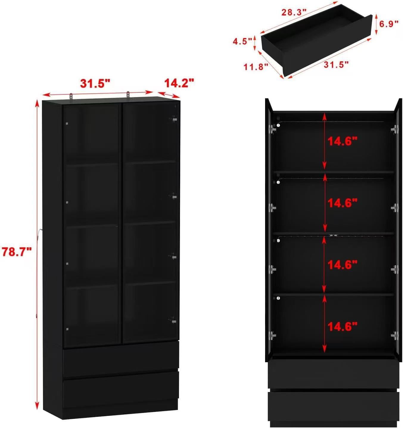 🥨Display Cabinet with 2 Glass Doors and Lights, Display Case Cabinet with 4-Tier Storage Shelves and 2 Drawers, Pop-up Design, for Collectibles