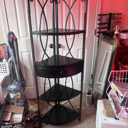 Tall Black And Solid Wood Corner Shelf  With Iron Design