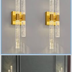 Crystal Wall Sconces Set of Two LED Bathroom Vanity Light Fixtures Gold 21.25in 4000K Vertical and Horizontal Wall Mounted Sconces for Bedroom, Living