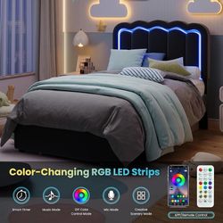 C26 $90  Twin Size Bed Frame with LED Lights and Storage Drawer, Black  Size Twin Material Fabric Product Dimensions 79.5"L x 40.9"W x 47"H Style Mode