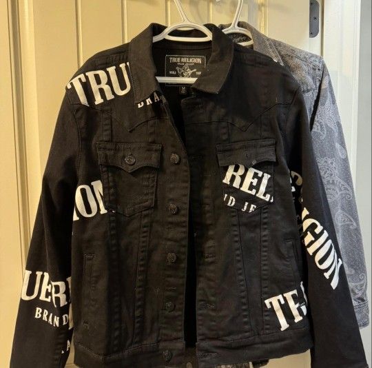 True Religion Tossed Logo Black Denim Jean Stretched Jacket
