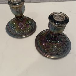 vintage Imperial Glass Grape & Leaf amethyst carnival glass candle holders. 