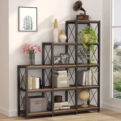 New 12 Shelves Industrial Ladder Corner Bookcase, Rustic Brown