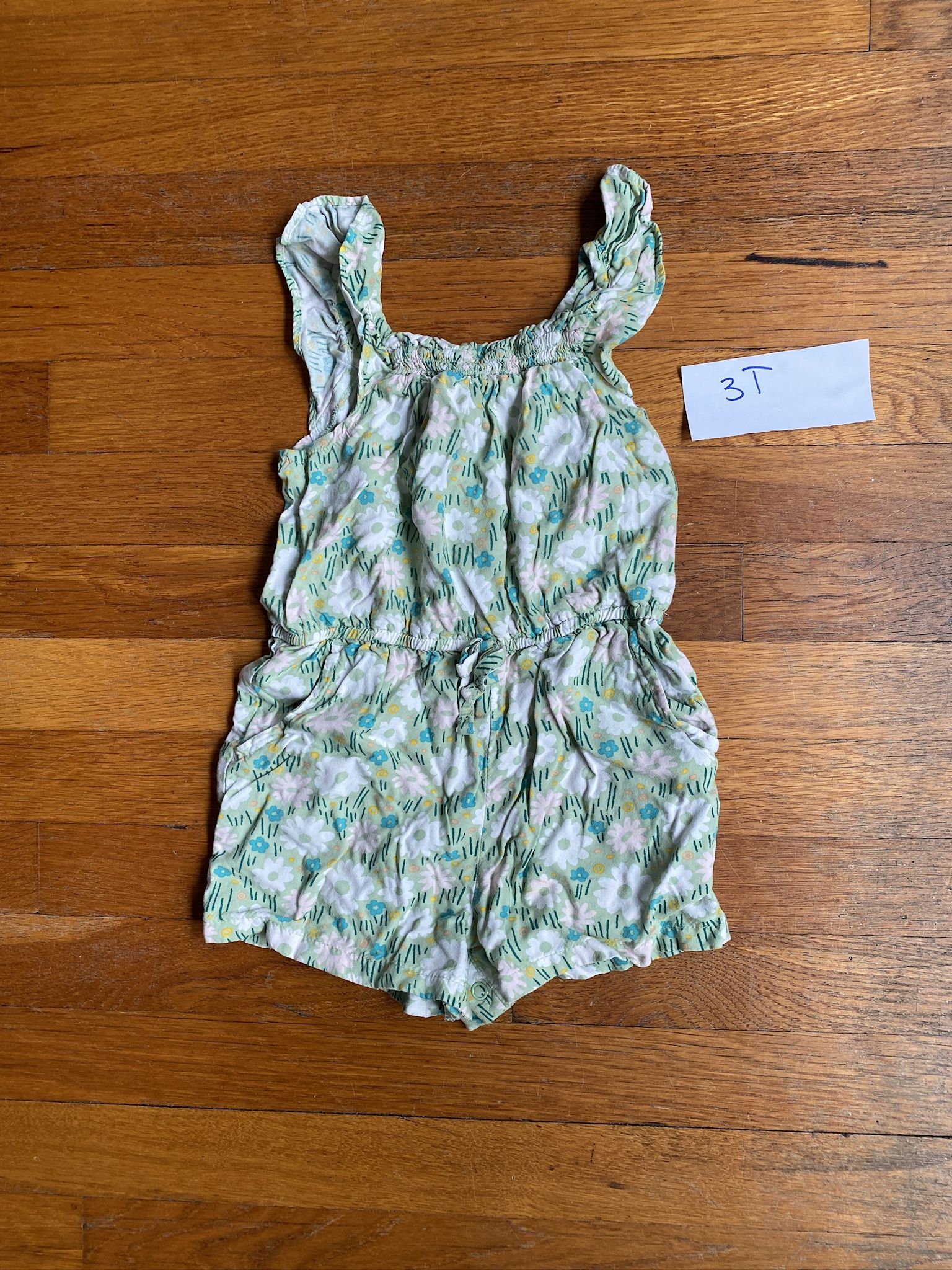 Cat & Jack Green and White Jumpsuit with Ruffled Hem 3T