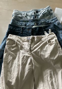 A collection of wide-leg jeans.