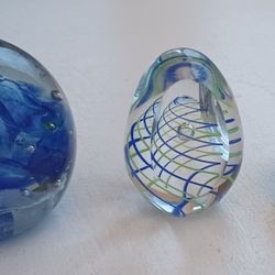 3 vintage blue paperweights, one signed