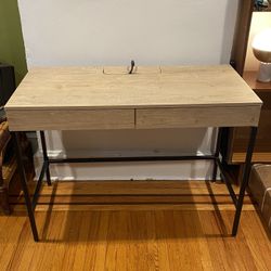 Wooden Desk With Metal Legs & Built In Outlets, Tan