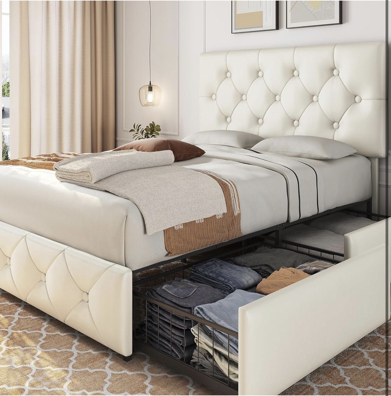 Full Upholstered Bed Frame with 4 Storage Drawers and Adjustable Headboard, Faux Leather Platform Bed Frame with Mattress Foundation, Strong Wooden Sl