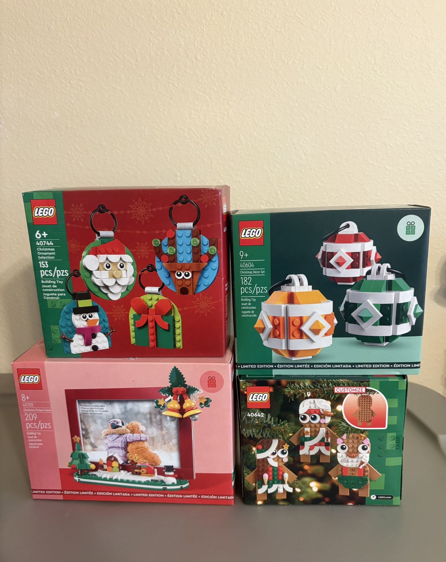 Lego Christmas Themed Building Toy Ornaments & Picture Frame Set Of 4