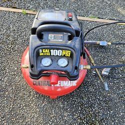 Central pneumatic, 3 gallon oilless, 100 maximum PSI air compressor.
