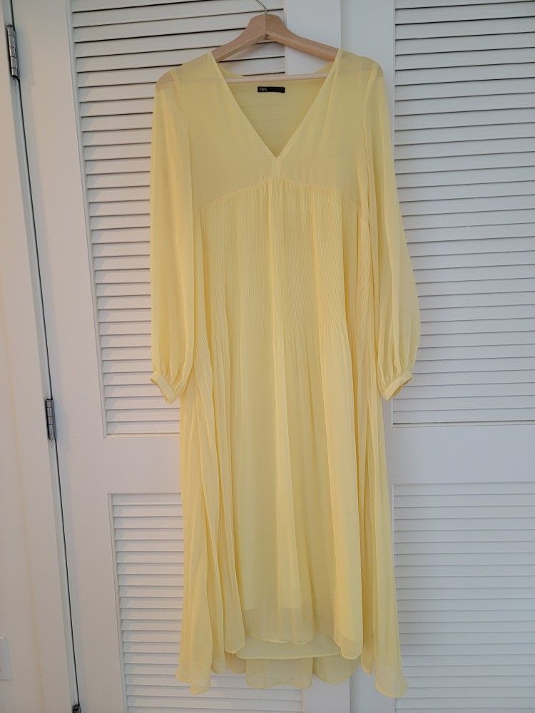 ZARA Yellow Chiffon Pleated Midi Dress