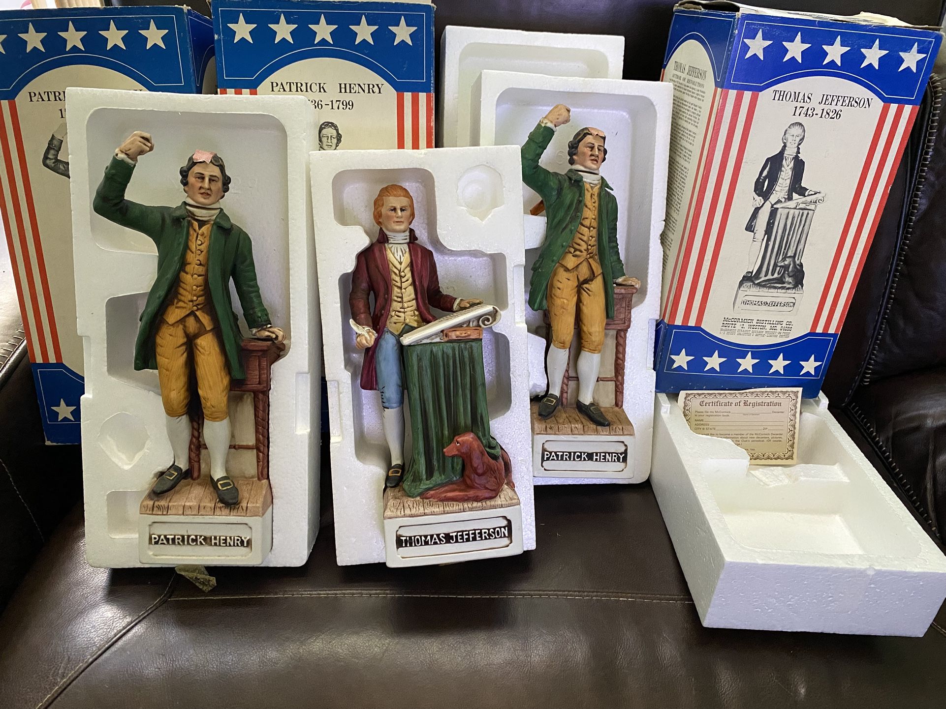 Vintage 1976 McCormick Distilling “Patriots Series” Bicentennial Whiskey Decanters Lot 3 Patrick Henry & Thomas Jefferson 