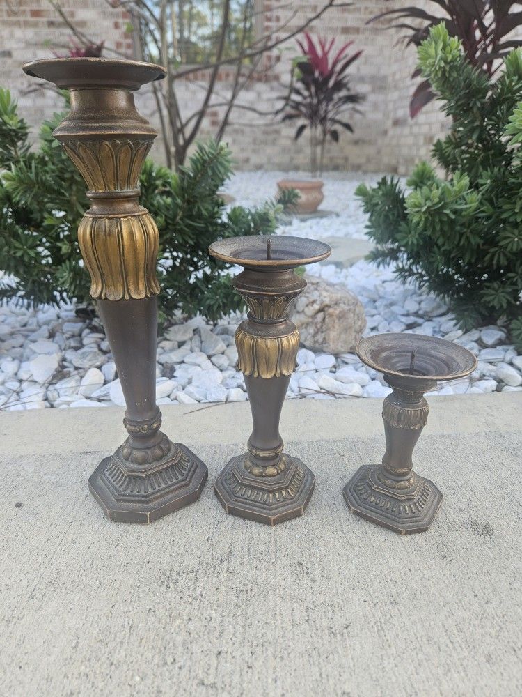 Set of 3 Ornate Candle Holders Tiered Gold Brown