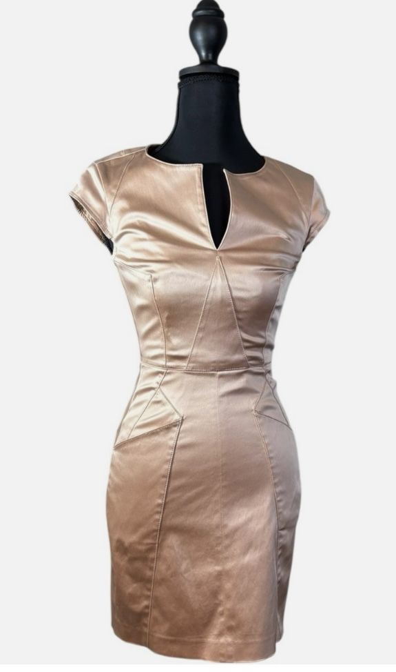 GUESS by MARCIANO “Origami Seamed” Mira Sheath Dress with Pockets 8 Pink Metalic