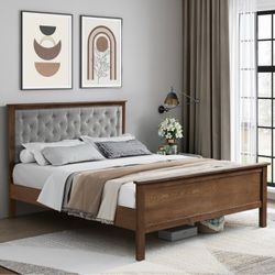 Brand New！Gray Upholstered Queen Bed Headboard and Wood Footboard Set，IF1882