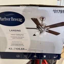 Lansing 42-in Brushed Nickel  Sable/Honey Blades Downrod or Flush Mount Ceiling Fan Light 5-Blade