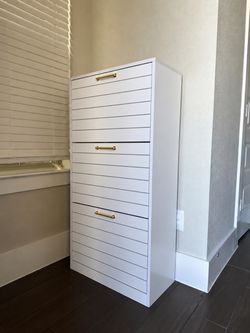 White Shoe Cabinet with 3 Tilt Flip Drawers and gold handles