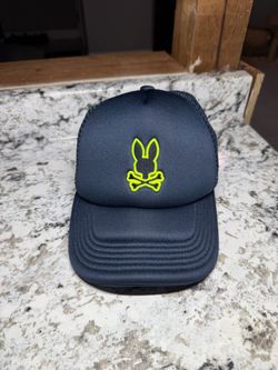 Psycho Bunny Men's Navy Blue Neon Yellow Embroided Logo Trucker Cap