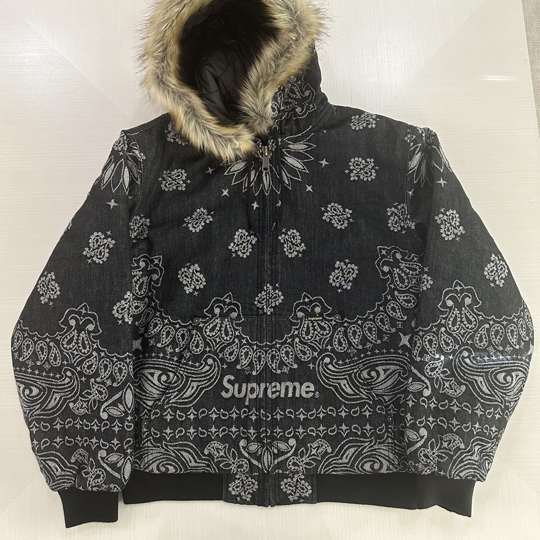 Supreme Bandana Jacquard Denim Hooded Work Jacket Black size M 